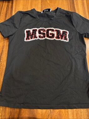MSGM Black T-Shirt with Red and White Sequin Logo